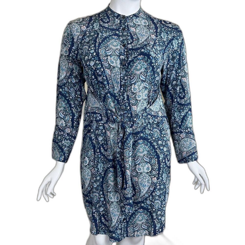 J.Crew Women's Size 14 Blue Tie Front Crepe Silk Shirt Midi Floral Paisley Dress